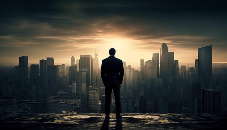 man-stands-ledge-front-cityscape
